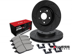 Alfa Romeo Stelvio Brake Kit - 2.0L - Front - R1 Concepts - Optimum OEp Brake Pads - eLINE Black Drilled + Slotted Rotors